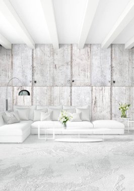 Beyaz yatak odası en az stil iç tasarım ahşap duvar ve gri Kanepeli. 3D render.