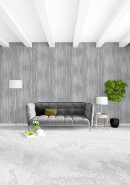 Beyaz yatak odası en az stil iç tasarım ahşap duvar ve gri Kanepeli. 3D render.