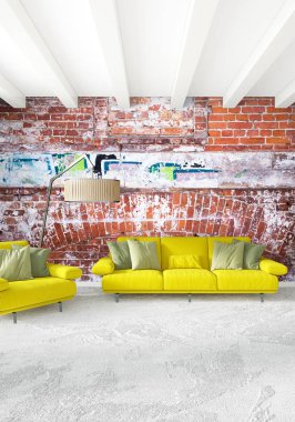 Modern yatak odası sarı kanepe lüks en az tarzı iç çatı tasarımı ile eklektik duvar. 3D render.