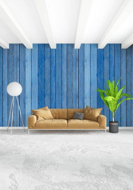 Beyaz yatak odası en az stil iç tasarım ahşap duvar ve gri Kanepeli. 3D render.