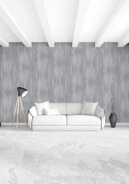 Beyaz yatak odası en az stil iç tasarım ahşap duvar ve gri Kanepeli. 3D render.