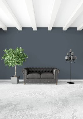 Beyaz yatak odası en az stil iç tasarım ahşap duvar ve gri Kanepeli. 3D render.