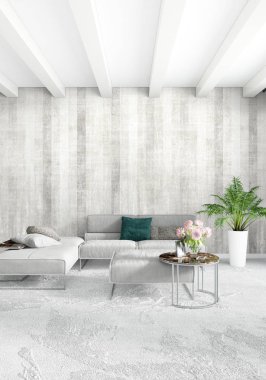 Beyaz yatak odası en az stil iç tasarım ahşap duvar ve gri Kanepeli. 3D render.
