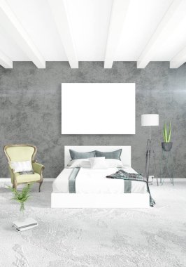 Beyaz yatak odası en az stil iç tasarım ahşap duvar ve gri Kanepeli. 3D render.