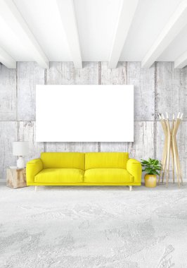 Modern yatak odası sarı kanepe lüks en az tarzı iç çatı tasarımı ile eklektik duvar. 3D render.
