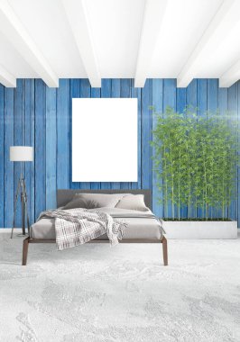 Beyaz yatak odası en az stil iç tasarım ahşap duvar ve gri Kanepeli. 3D render.