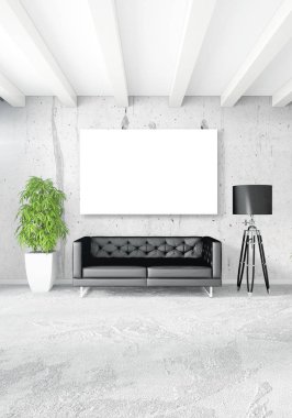 Beyaz yatak odası en az stil iç tasarım ahşap duvar ve gri Kanepeli. 3D render.