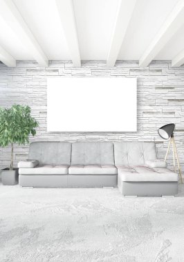 Beyaz yatak odası en az stil iç tasarım ahşap duvar ve gri Kanepeli. 3D render.