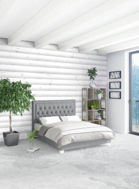 Beyaz yatak odası en az stil iç tasarım ahşap duvar ve gri Kanepeli. 3D render.