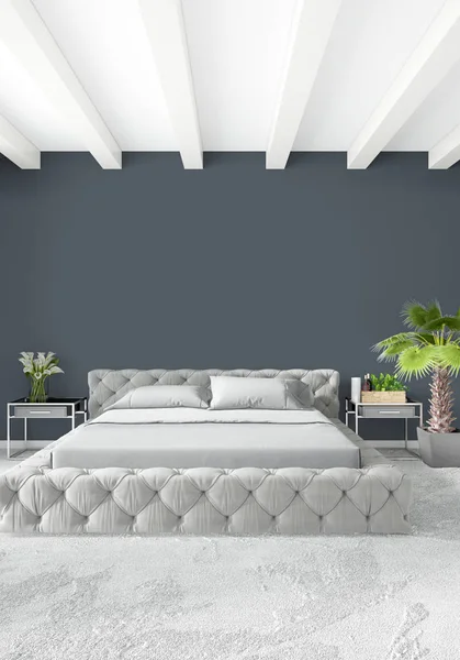 Beyaz yatak odası en az stil iç tasarım ahşap duvar ve gri Kanepeli. 3D render.