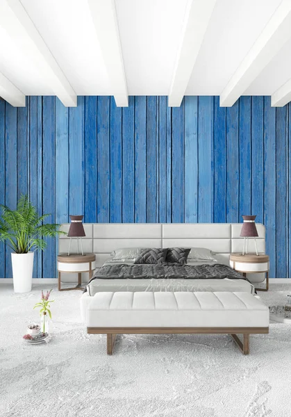 Beyaz yatak odası en az stil iç tasarım ahşap duvar ve gri Kanepeli. 3D render.
