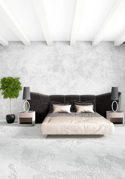 Beyaz yatak odası en az stil iç tasarım ahşap duvar ve gri Kanepeli. 3D render.