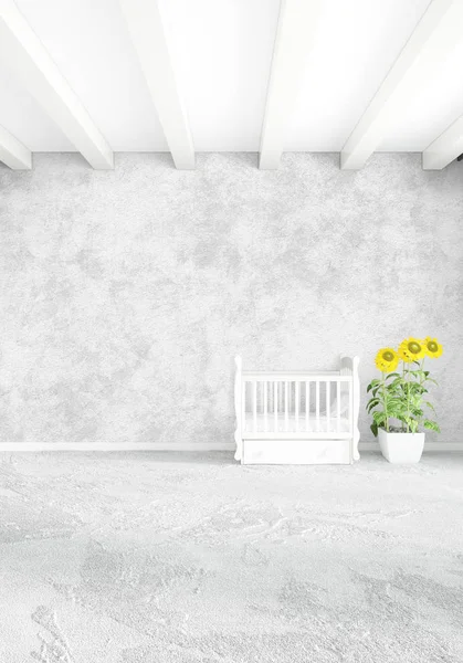 Dormitorio blanco de estilo minimalista Diseño interior con pared de madera y sofá gris. Renderizado 3D . —  Fotos de Stock