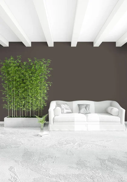 Quarto branco estilo mínimo Design de interiores com parede de madeira e sofá cinza. Renderização 3D . — Fotografia de Stock