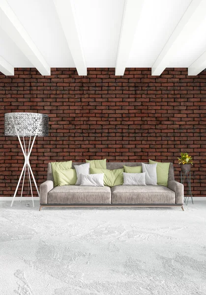 Beyaz yatak odası en az stil iç tasarım ahşap duvar ve gri Kanepeli. 3D render.