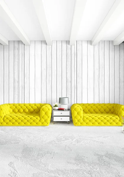 Modern yatak odası sarı kanepe lüks en az tarzı iç çatı tasarımı ile eklektik duvar. 3D render.