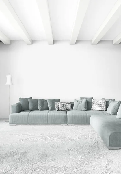 Біла спальня мінімальний стиль Дизайн інтер'єру з дерев'яною стіною і сірим диваном. 3D рендерингу . — стокове фото