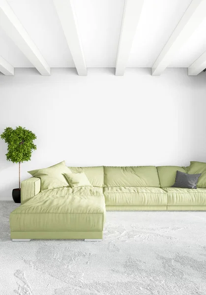 Beyaz yatak odası en az stil iç tasarım ahşap duvar ve gri Kanepeli. 3D render.