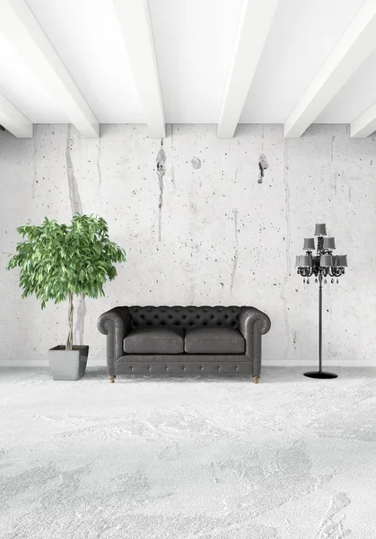 Beyaz yatak odası en az stil iç tasarım ahşap duvar ve gri Kanepeli. 3D render.