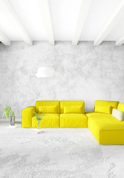 Modernes Schlafzimmer gelbes Sofa Luxus minimalen Stil Loft-Design mit eklektischer Wand. 3D-Darstellung. — Stockfoto