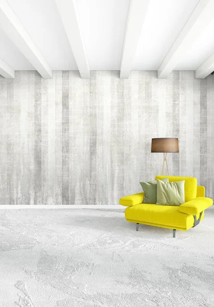 Modern yatak odası sarı kanepe lüks en az tarzı iç çatı tasarımı ile eklektik duvar. 3D render.
