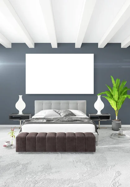 Beyaz yatak odası en az stil iç tasarım ahşap duvar ve gri Kanepeli. 3D render.