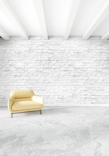 Modern yatak odası sarı kanepe lüks en az tarzı iç çatı tasarımı ile eklektik duvar. 3D render.