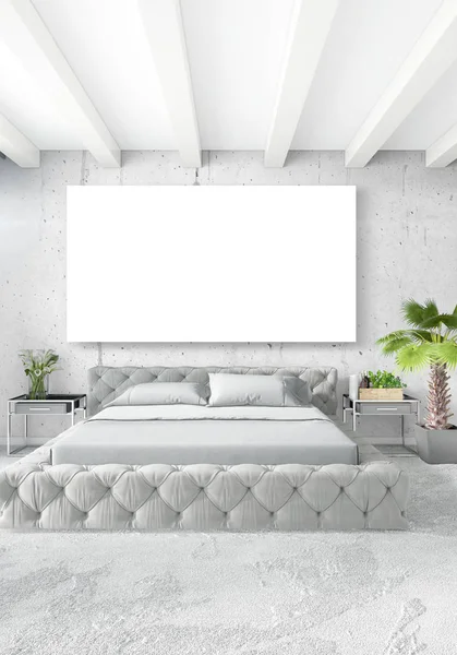 Beyaz yatak odası en az stil iç tasarım ahşap duvar ve gri Kanepeli. 3D render.