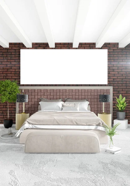 Beyaz yatak odası en az stil iç tasarım ahşap duvar ve gri Kanepeli. 3D render.