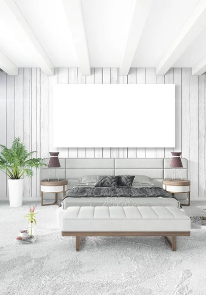 Beyaz yatak odası en az stil iç tasarım ahşap duvar ve gri Kanepeli. 3D render.