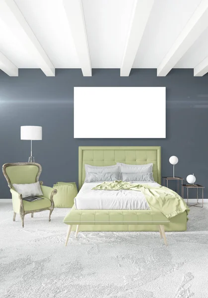 Beyaz yatak odası en az stil iç tasarım ahşap duvar ve gri Kanepeli. 3D render.