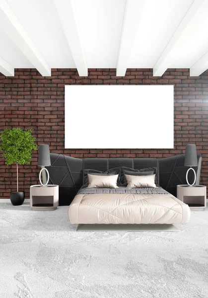 Beyaz yatak odası en az stil iç tasarım ahşap duvar ve gri Kanepeli. 3D render.