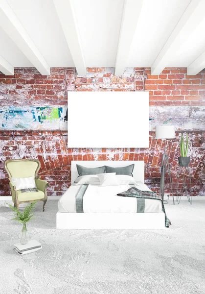 Beyaz yatak odası en az stil iç tasarım ahşap duvar ve gri Kanepeli. 3D render.