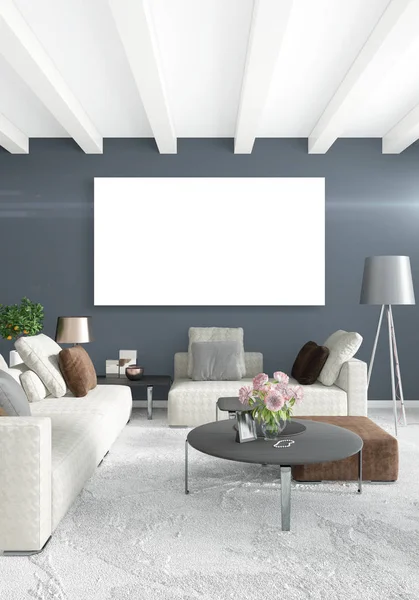 Beyaz yatak odası en az stil iç tasarım ahşap duvar ve gri Kanepeli. 3D render.