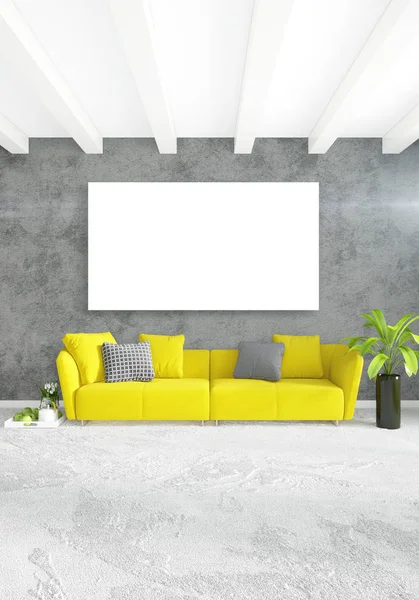 Modern yatak odası sarı kanepe lüks en az tarzı iç çatı tasarımı ile eklektik duvar. 3D render.