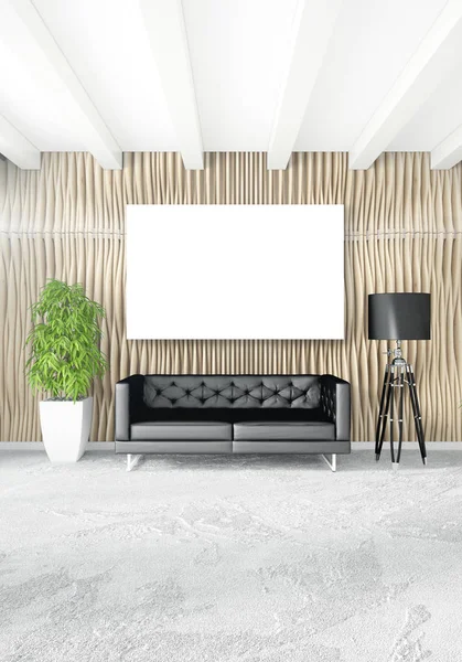 Beyaz yatak odası en az stil iç tasarım ahşap duvar ve gri Kanepeli. 3D render.