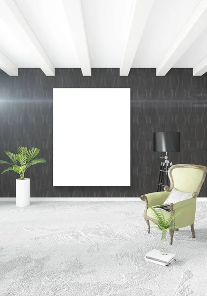 Beyaz yatak odası en az stil iç tasarım ahşap duvar ve gri Kanepeli. 3D render.