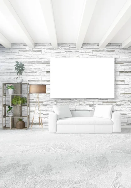 Beyaz yatak odası en az stil iç tasarım ahşap duvar ve gri Kanepeli. 3D render.