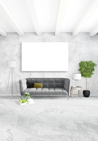 Beyaz yatak odası en az stil iç tasarım ahşap duvar ve gri Kanepeli. 3D render.