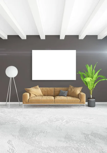 Beyaz yatak odası en az stil iç tasarım ahşap duvar ve gri Kanepeli. 3D render.