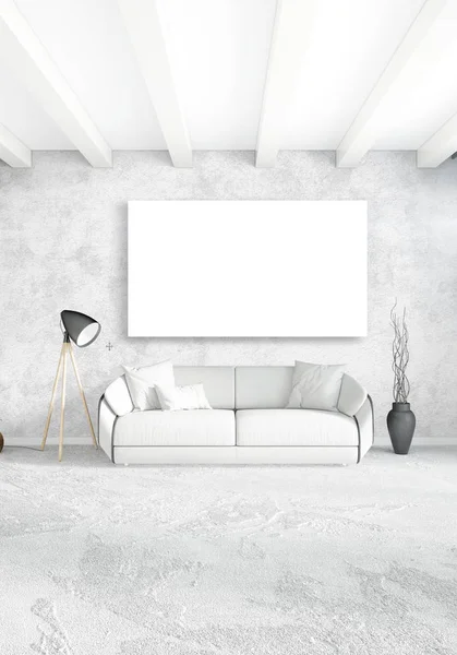 Beyaz yatak odası en az stil iç tasarım ahşap duvar ve gri Kanepeli. 3D render.