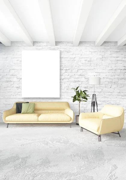 Vita sovrum minimal stil inredning med trä vägg och grå soffa. 3D-rendering. — Stockfoto