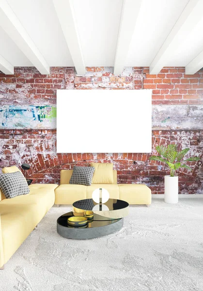 Beyaz yatak odası en az stil iç tasarım ahşap duvar ve gri Kanepeli. 3D render.