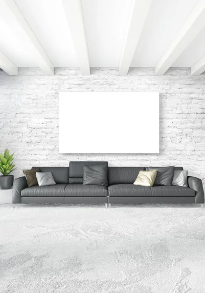 Biała sypialnia minimalistycznym stylu wnętrz z drewna ściany i szary kanapie. renderowania 3D. — Zdjęcie stockowe