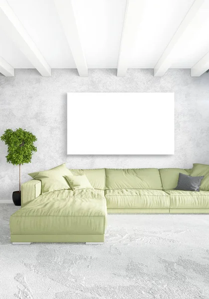 Beyaz yatak odası en az stil iç tasarım ahşap duvar ve gri Kanepeli. 3D render.