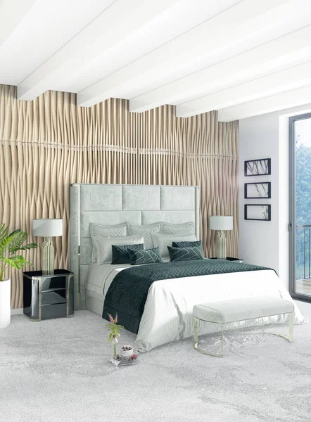 Beyaz yatak odası en az stil iç tasarım ahşap duvar ve gri Kanepeli. 3D render.