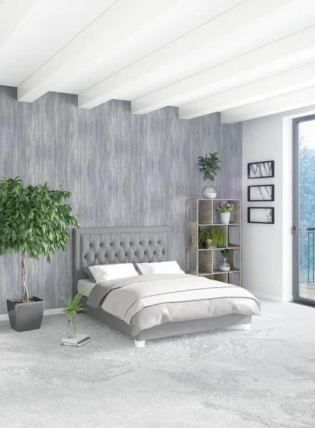 Beyaz yatak odası en az stil iç tasarım ahşap duvar ve gri Kanepeli. 3D render.