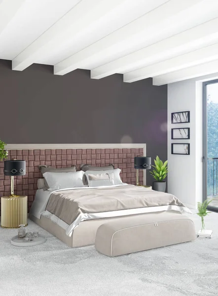 Camera da letto bianca dallo stile minimale Interior design con parete in legno e divano grigio. Rendering 3D . — Foto Stock