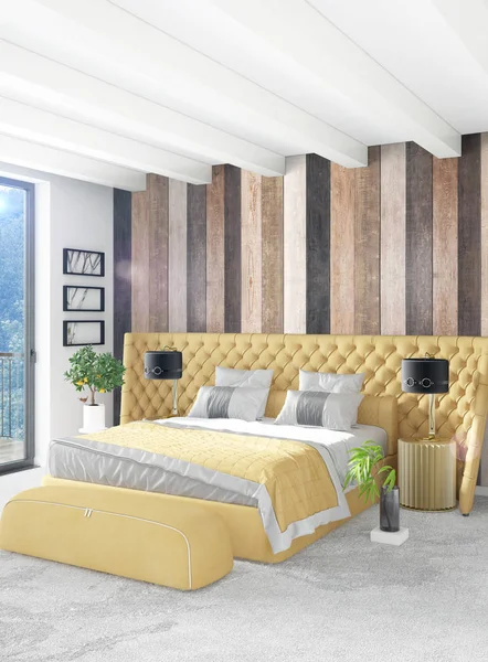 Beyaz yatak odası en az stil iç tasarım ahşap duvar ve gri Kanepeli. 3D render.