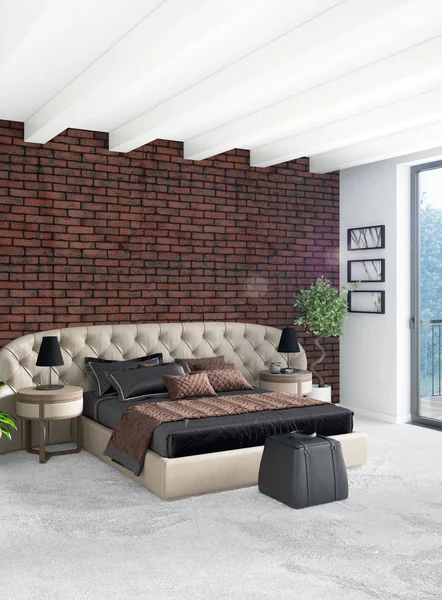 Beyaz yatak odası en az stil iç tasarım ahşap duvar ve gri Kanepeli. 3D render.